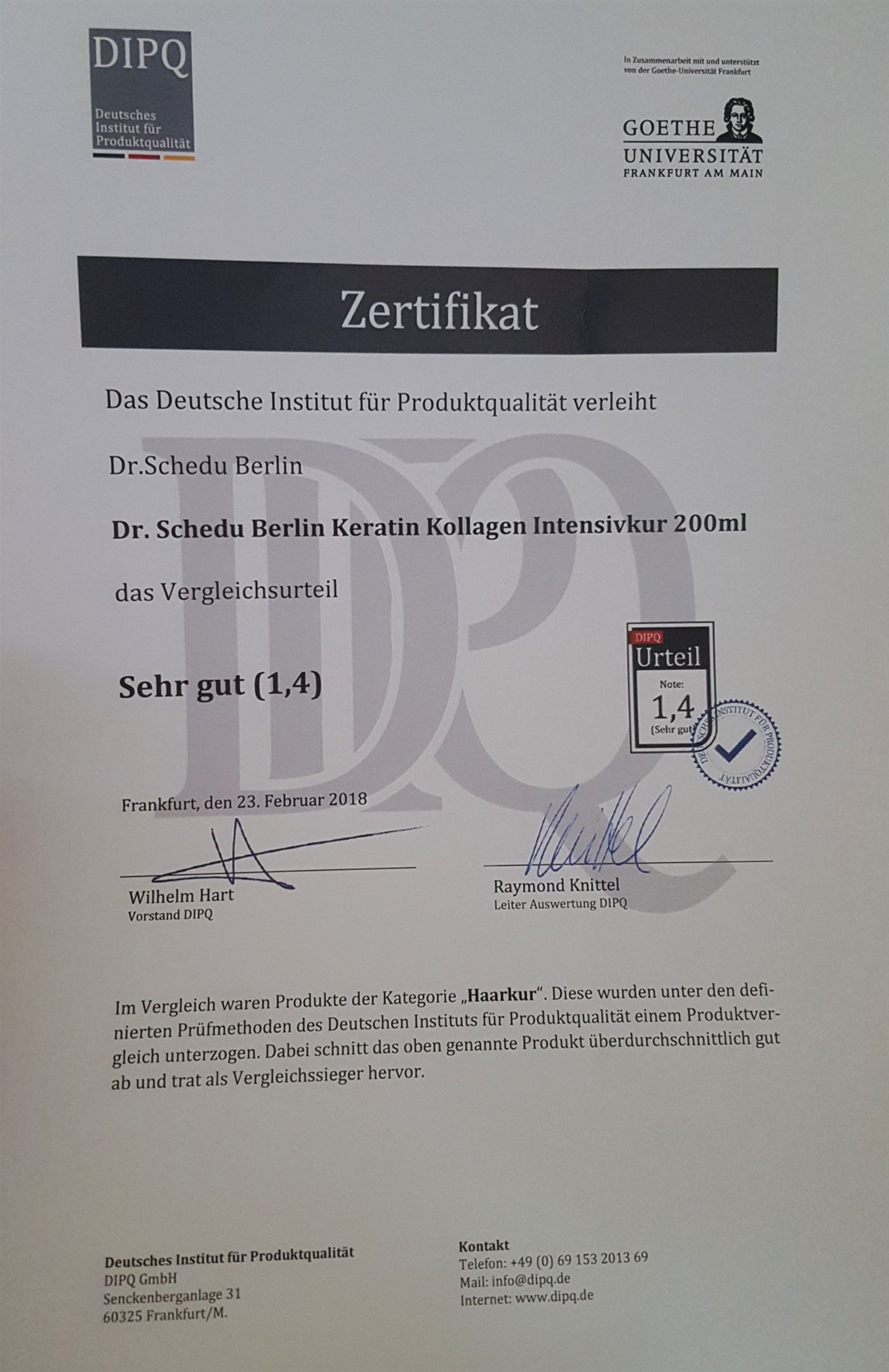 Product quality award documentation